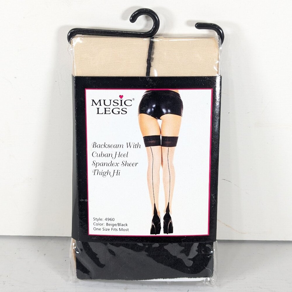 MUSIC LEGS Beige Stay-up stockings with Black Cuban Heel + Backseam